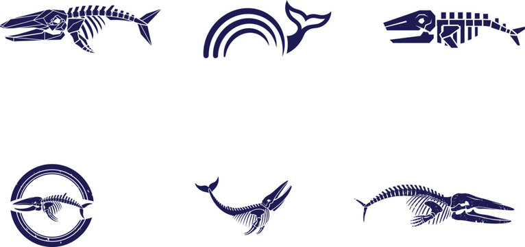 whale and fish skeleton silhouettes with rainbow arc  marine life icons