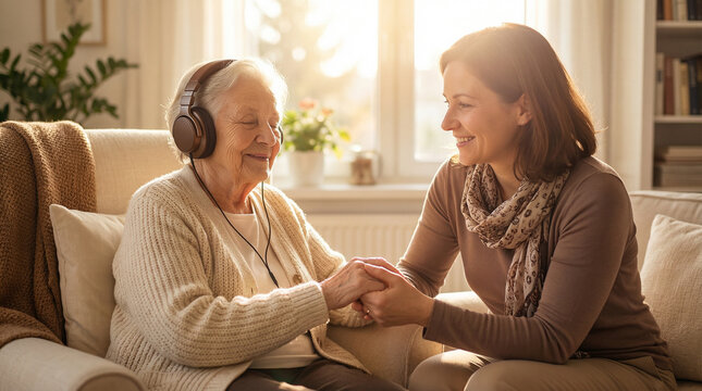 An emotional and positive image showing the benefits of music and connection for seniors, bathed in warm golden lighting to evoke happiness.
