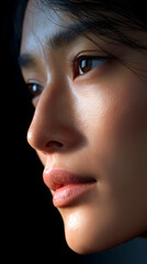 Close-up asian woman face with natural skin texture and pores, realistic beauty portrait with soft light and minimal makeup for skincare ads, dermatology, cosmetics branding and retouching concepts