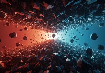 Digital simulation showing invisible gravitational forces pulling abstract geometric shapes toward a central singularity point ,modern ,concept ,gradient