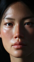 Close-up asian woman face with natural skin texture and pores, realistic beauty portrait with soft light and minimal makeup for skincare ads, dermatology, cosmetics branding and retouching concepts