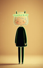 Cute glowing devil girl character illustration with neon outline, horns and tail on dark background, minimal spooky fantasy design for halloween posters, stickers, apps and branding