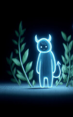 Cute glowing devil girl character illustration with neon outline, horns and tail on dark background, minimal spooky fantasy design for halloween posters, stickers, apps and branding