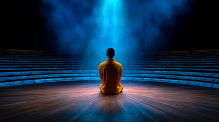 Person Alone on Stage in Empty Auditorium After Performance, Single Spotlight Creating Dramatic Pool of Light, Solitude and Completion