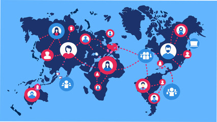 Obraz premium a world map illustration featuring user profiles and connecting lines across various locations