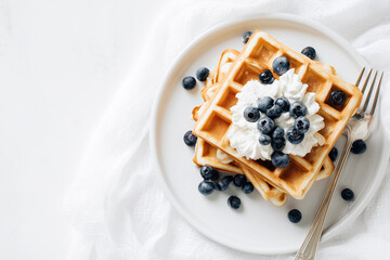 Crispy waffles topped with fresh blueberries and whipped cream served on a white plate
