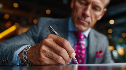 CEO Signing Deal with Lucky First-Job Pen at Sleek Boardroom Table, Dramatic Chiaroscuro Lighting and Reflective Surface.