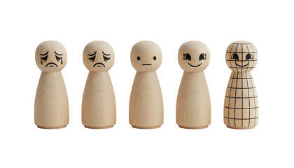 Five wooden peg dolls with different facial expressions isolated on a transparent background
