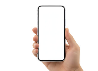 Hand holding a modern smartphone with a blank white screen isolated on a transparent background