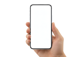 Hand holding a modern smartphone with a blank white screen isolated on a transparent background