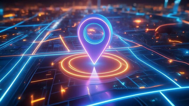 Neon location pin hovering over a glowing digital city grid, representing smart navigation, GPS tracking, and futuristic location based technology systems.