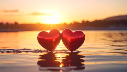 Fototapeta premium DESIGN of two red heart halves magnetically joining above calm water at sunset,