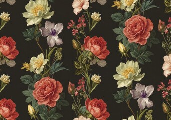 Elegant seamless repeating floral background design. Lush garden blossoms and botanical elements form a colorful decorative surface ,aesthetic ,texture ,trendy
