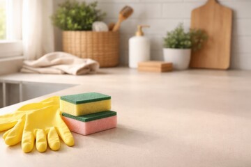 Rubber Gloves And Sponges On Kitchen Counter.
Rubber gloves and cleaning sponges placed on counter in soft daylight showing everyday household cleaning and hygiene concept.