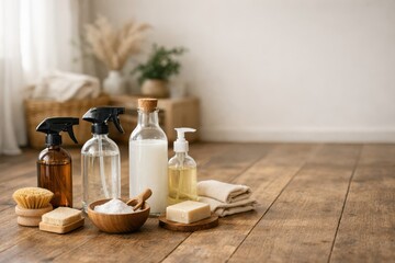 Eco Friendly Cleaning Products In Glass Bottles.
Eco cleaning liquids in glass bottles on wooden floor in warm neutral interior showing sustainable household care concept.