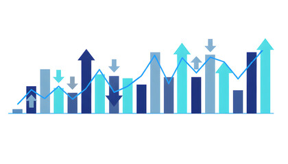 Stock market chart with colorful bars and arrows isolated on a transparent background