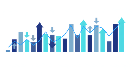 Stock market chart with colorful bars and arrows isolated on a transparent background