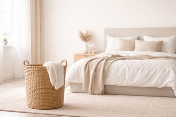 Woven Laundry Basket Near Bed In Bedroom.
Laundry basket placed near bed in modern bedroom interior with soft daylight and neutral colors for home organization concept.