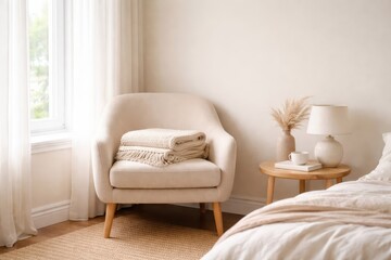 Folded Blanket On Armchair In Bedroom Corner.
Soft blanket placed on armchair in cozy bedroom corner with warm neutral light showing home comfort and textile lifestyle concept.