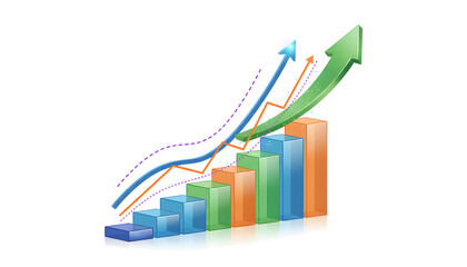 3 D rising graph with upward arrow isolated on a transparent background