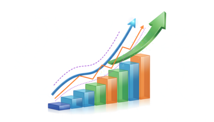 3 D rising graph with upward arrow isolated on a transparent background
