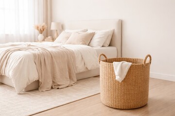 Woven Laundry Basket Near Bed In Bedroom.
Laundry basket placed near bed in modern bedroom interior with soft daylight and neutral colors for home organization concept.