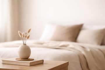 Minimal Decor Object On Bedroom Nightstand.
Single decorative object on nightstand with blurred bed background in warm neutral daylight for modern bedroom product presentation.