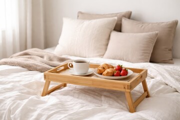 Breakfast Tray On Bed In Cozy Bedroom.
Breakfast tray with cup and plate placed on bed in warm daylight creating calm bedroom lifestyle and comfort atmosphere.