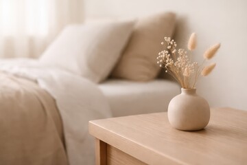 Minimal Decor Object On Bedroom Nightstand.
Single decorative object on nightstand with blurred bed background in warm neutral daylight for modern bedroom product presentation.