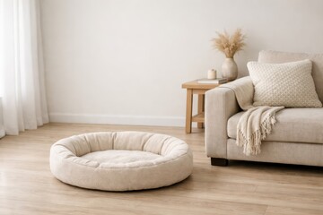 Empty Pet Bed In Modern Living Room.
Soft pet bed placed near sofa in neutral living room interior with natural light showing comfort and rest concept for domestic animals.