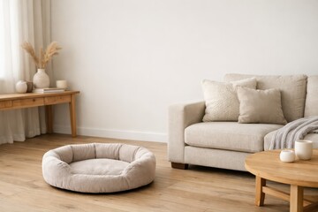 Empty Pet Bed In Modern Living Room.
Soft pet bed placed near sofa in neutral living room interior with natural light showing comfort and rest concept for domestic animals.