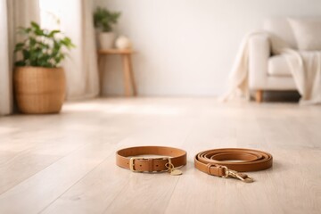 Pet Leash And Collar On Home Floor.
Leash and collar neatly arranged on floor in warm home interior representing pet walking accessories and everyday animal care products.