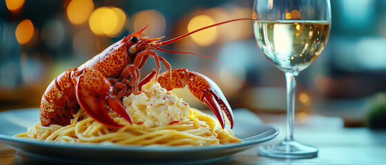 A colourful lobster on a plate with pasta and a glass of white wine creates an appetising image for culinary blogs or as the main background for seafood restaurant menus.