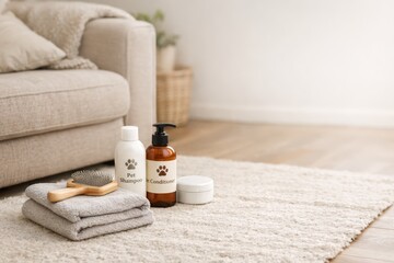 Pet Grooming Products In Cozy Living Room.
Brush shampoo and towel arranged on floor near sofa in soft daylight showing pet hygiene products and modern home care lifestyle.