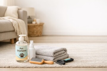 Pet Grooming Products In Cozy Living Room.
Brush shampoo and towel arranged on floor near sofa in soft daylight showing pet hygiene products and modern home care lifestyle.
