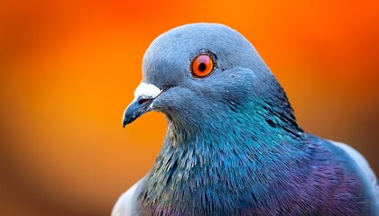 Pigeon Closeup Gray Blue Plumage Red Eye Bright Orange Background Soft Focus