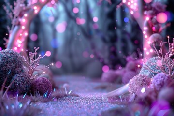 A magical forest path appears under glowing lights and colorful decorations. Soft pastels create a warm atmosphere with sparkling elements inviting exploration during the night