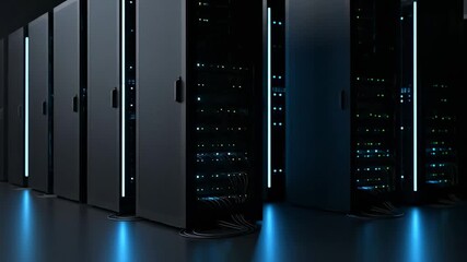 Modern Data Center with Black Server Racks and LED Lights for High-Tech Storage Solutions - Powered by Adobe