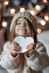 A child holds a heart-shaped piece of paper while smiling. The setting has soft lighting and a warm atmosphere, creating a feeling of joy in the room