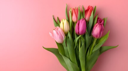 Obraz premium Colorful Spring Tulip Bouquet on Pink Background. Spring, Mothers Day, Birthday, or Valentines Day Greeting Card Concept. Colorful tulip bouquet wrapped on pink background.