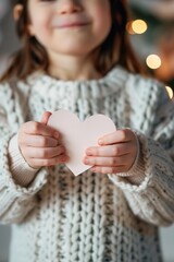 A young child stands smiling while holding a heart-shaped piece of paper. The scene is warm and inviting, with soft lighting creating a joyful atmosphere during a gifting event