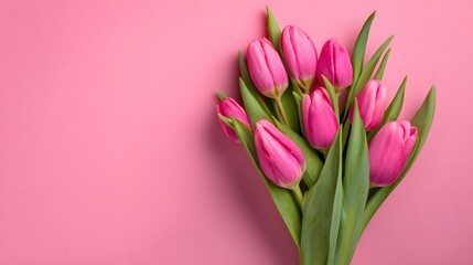 Obraz premium Colorful Spring Tulip Bouquet on Pink Background. Spring, Mothers Day, Birthday, or Valentines Day Greeting Card Concept. Colorful tulip bouquet wrapped on pink background.