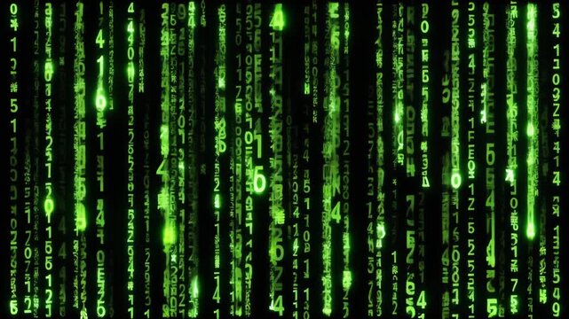 Vibrant green digital code streams down a dark screen, resembling the iconic Matrix effect.