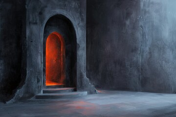 An oil painting shows a dark castle hall with a glowing portal. Steps lead to the portal, offering a glimpse into another space filled with warm light. The walls have a rough texture