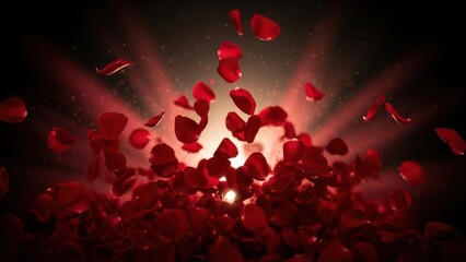 Vibrant red rose petals falling and accumulating, illuminated by dramatic glowing light rays on a dark atmospheric background, symbolizing romance and celebration.