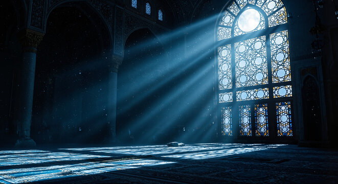Moonlight enters through an Islamic ornamental window onto a quiet place