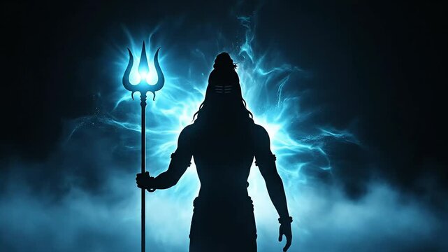 Epic powerful silhouette of hindu god lord shiva holding trishula trident with cosmic blue energy lightning storm background