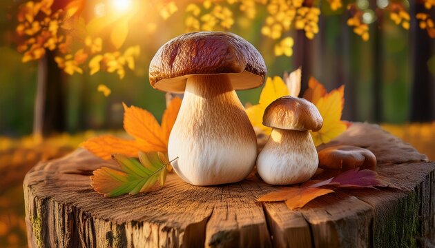 Porcini Mushrooms On A Stump With Autumn Leaves