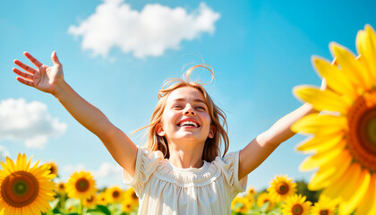 Happy girl with arms outstretched among sunflowers on sunny day  