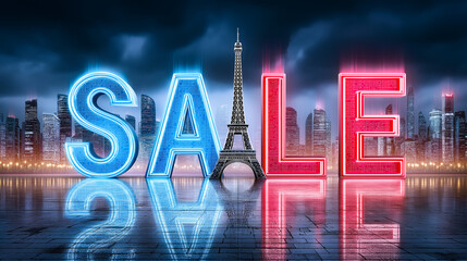 Glowing neon sign SALE against the backdrop of the night city and the tower, a modern concept of French discounts, urban shopping promotion and festive marketing